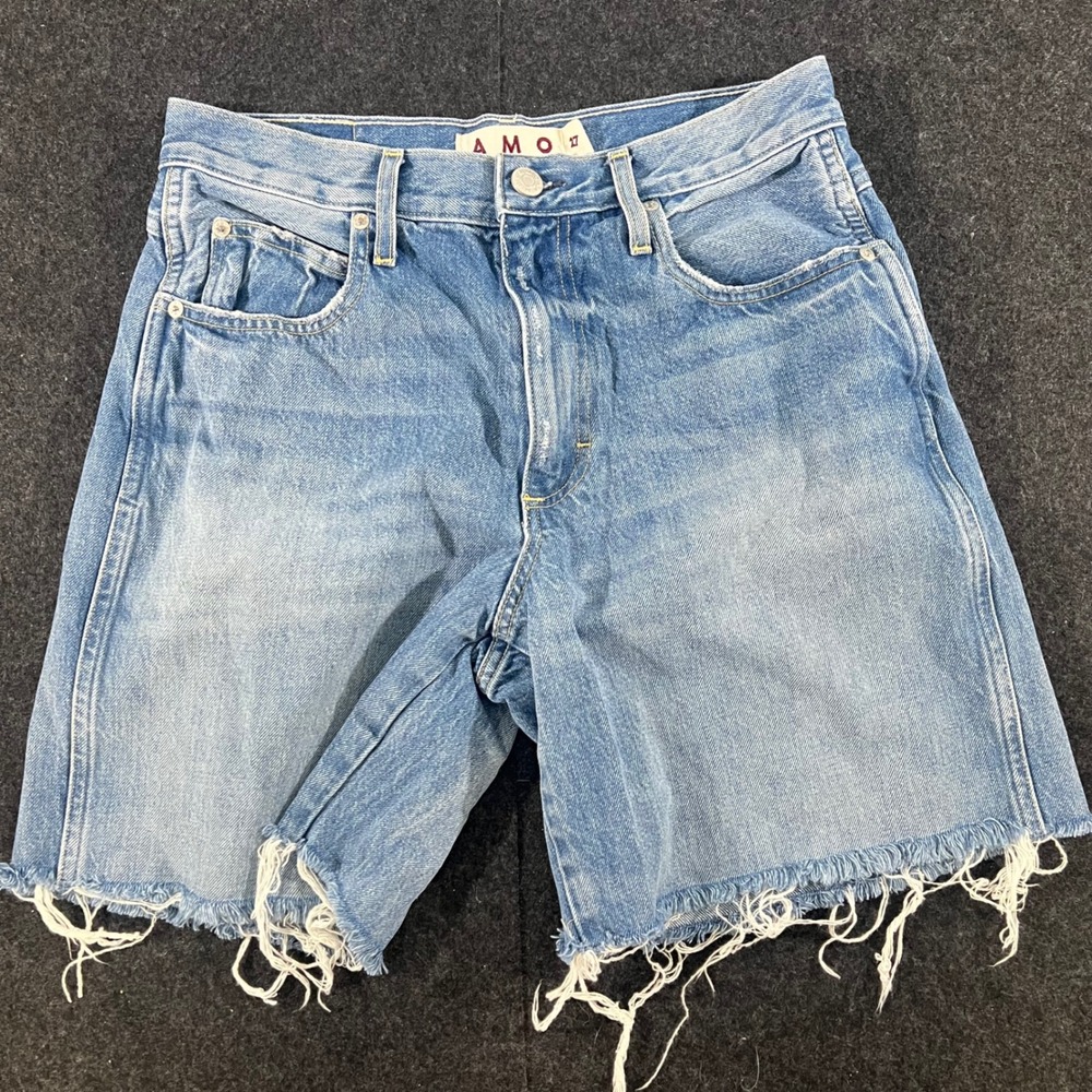 AMO Sandra Baggy Womens 27 Blue Denim Cut Off Shorts High Rise Frayed Hem 90s